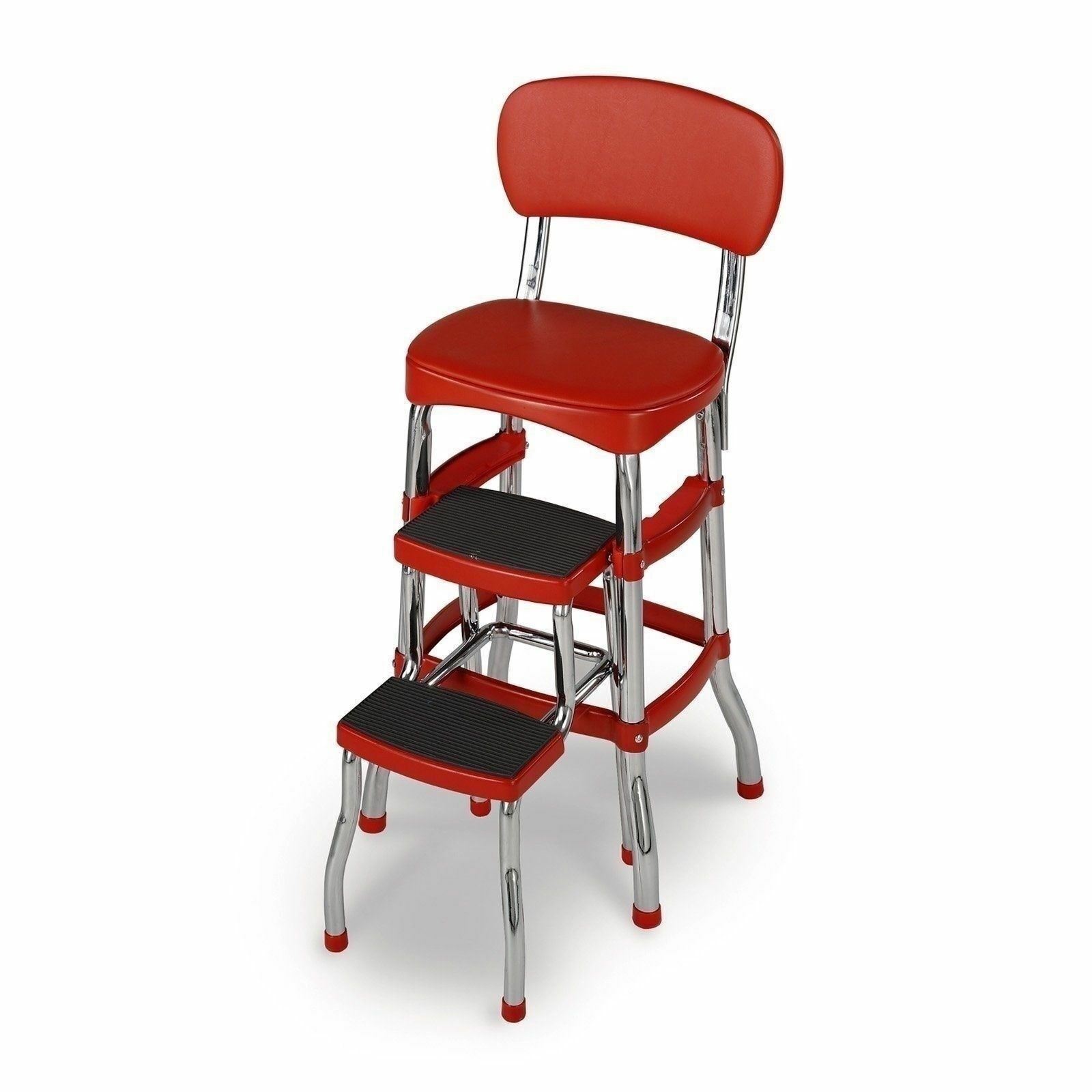 Red Folding Step Stool Kitchen Office Home Chair Back Retro 2 Platform Ladder