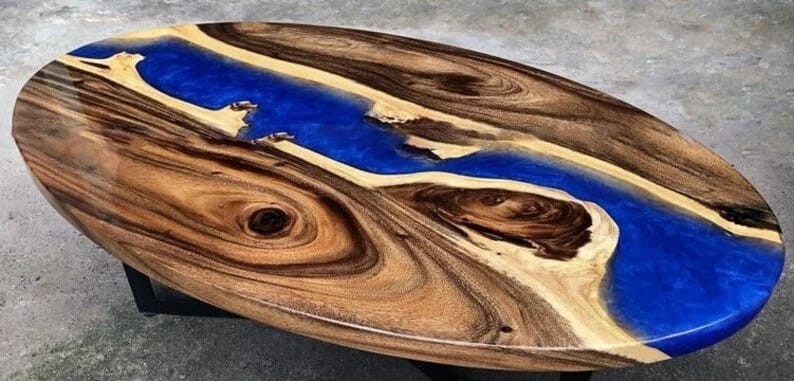 Blue Handmade Ocean Waves Epoxy Resin Live Edge Round Table with Stand for Home