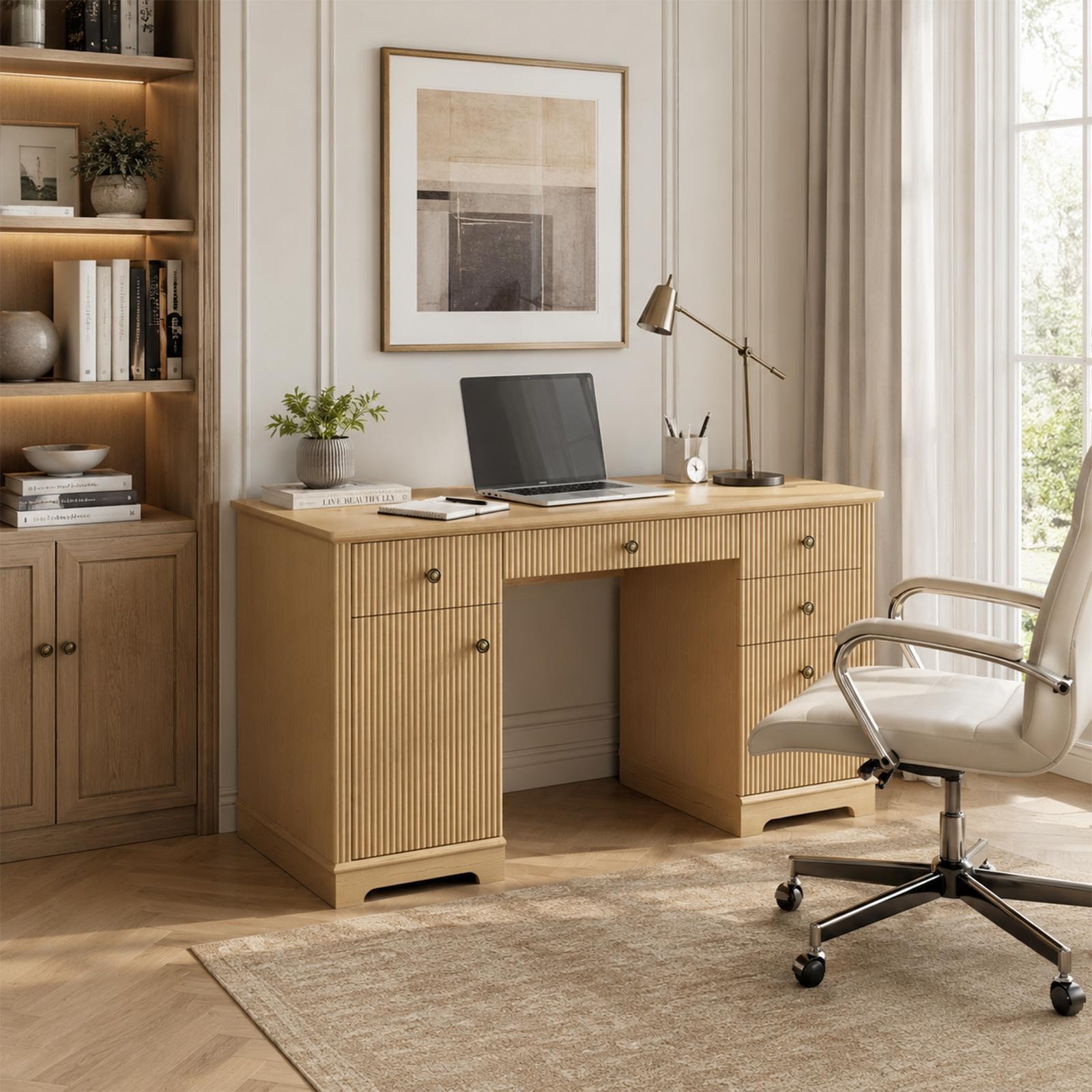 58″ Fluted Computer Desk 6Drawer Executive Desk For Home Office W/Built-in Power