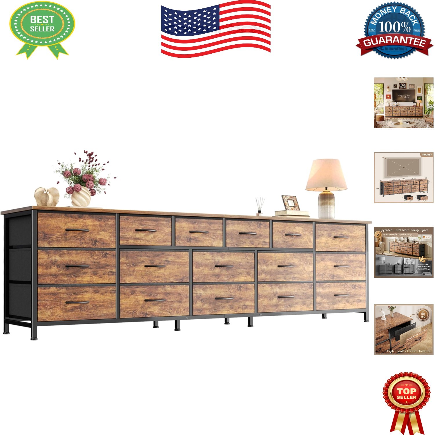 77.6 Inch Long Dresser with 16 Drawers & TV Stand in Rustic Brown Elegance