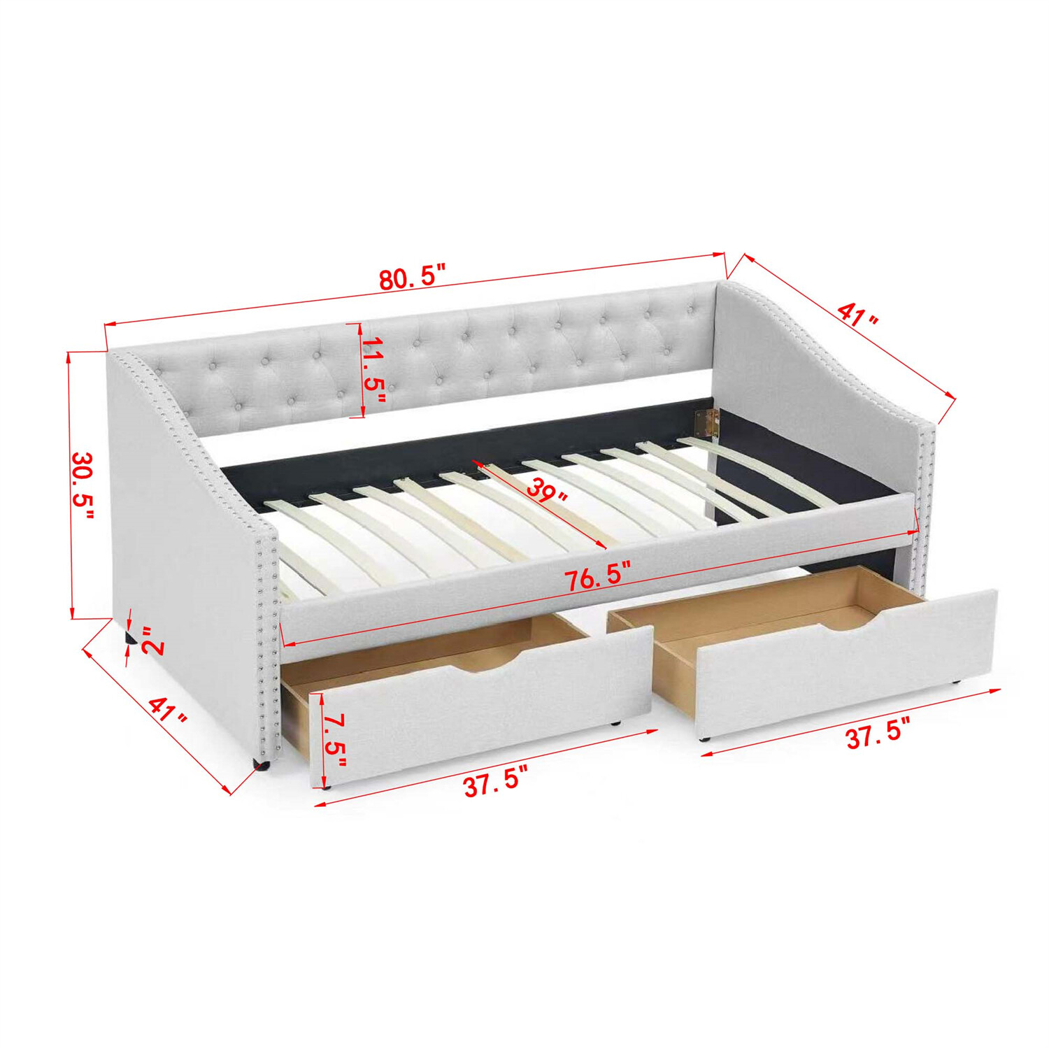 Twin Size Daybed Upholstered Bed Frame Sofa Bed with 2 Storage Drawers New