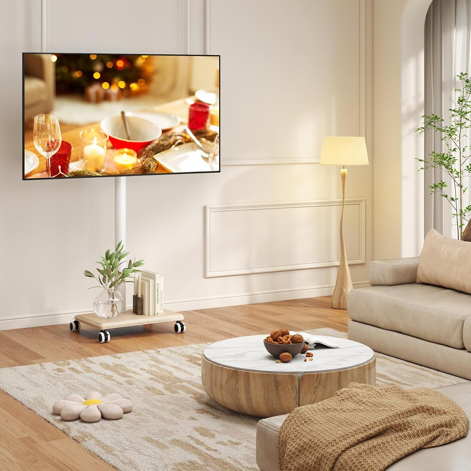 Rfiver Rolling TV Stand 32-55 Inch Height Adjustable Mobile White