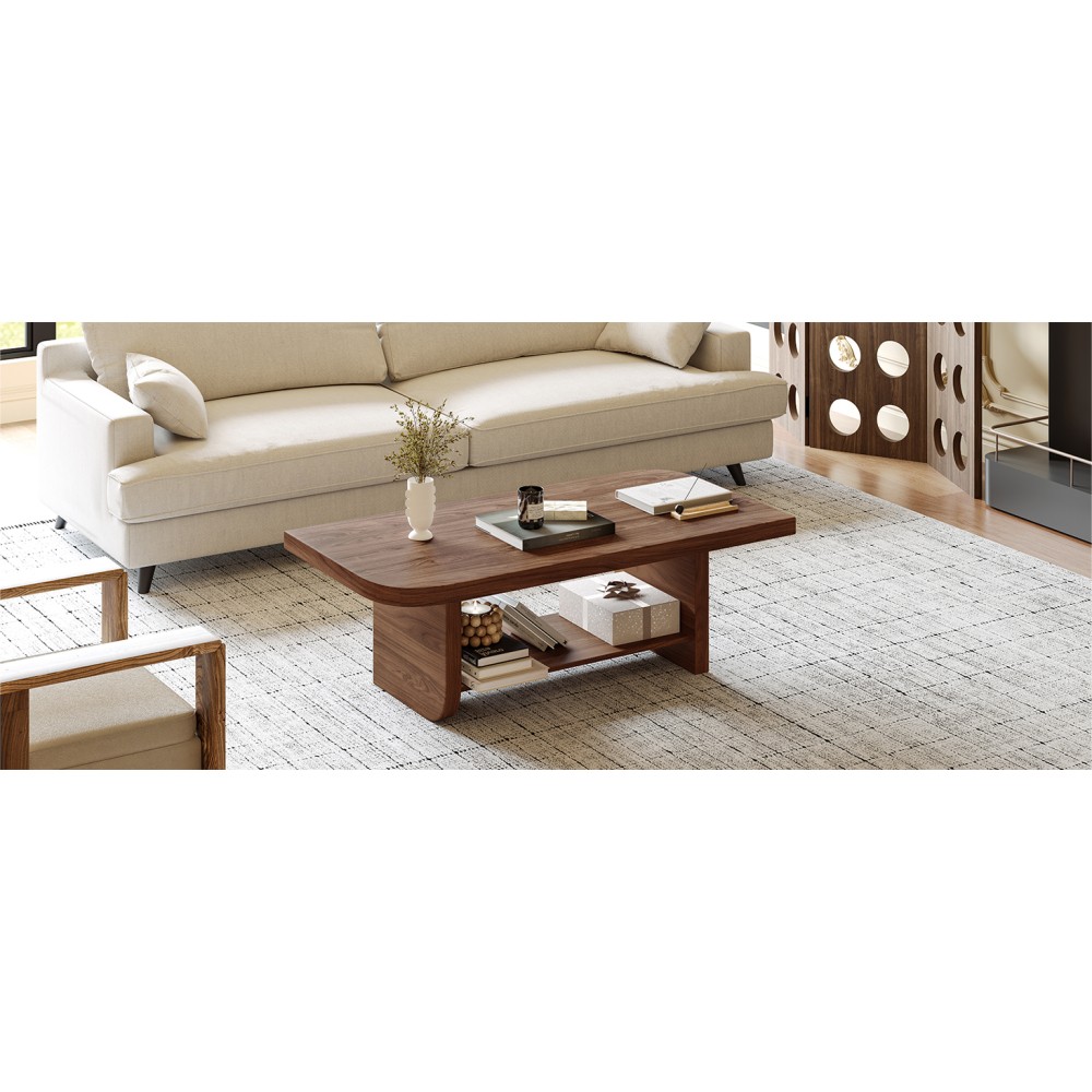 47.2″ Fan-Shaped Coffee Table with Shelf, Walnut Mid-Century Modern