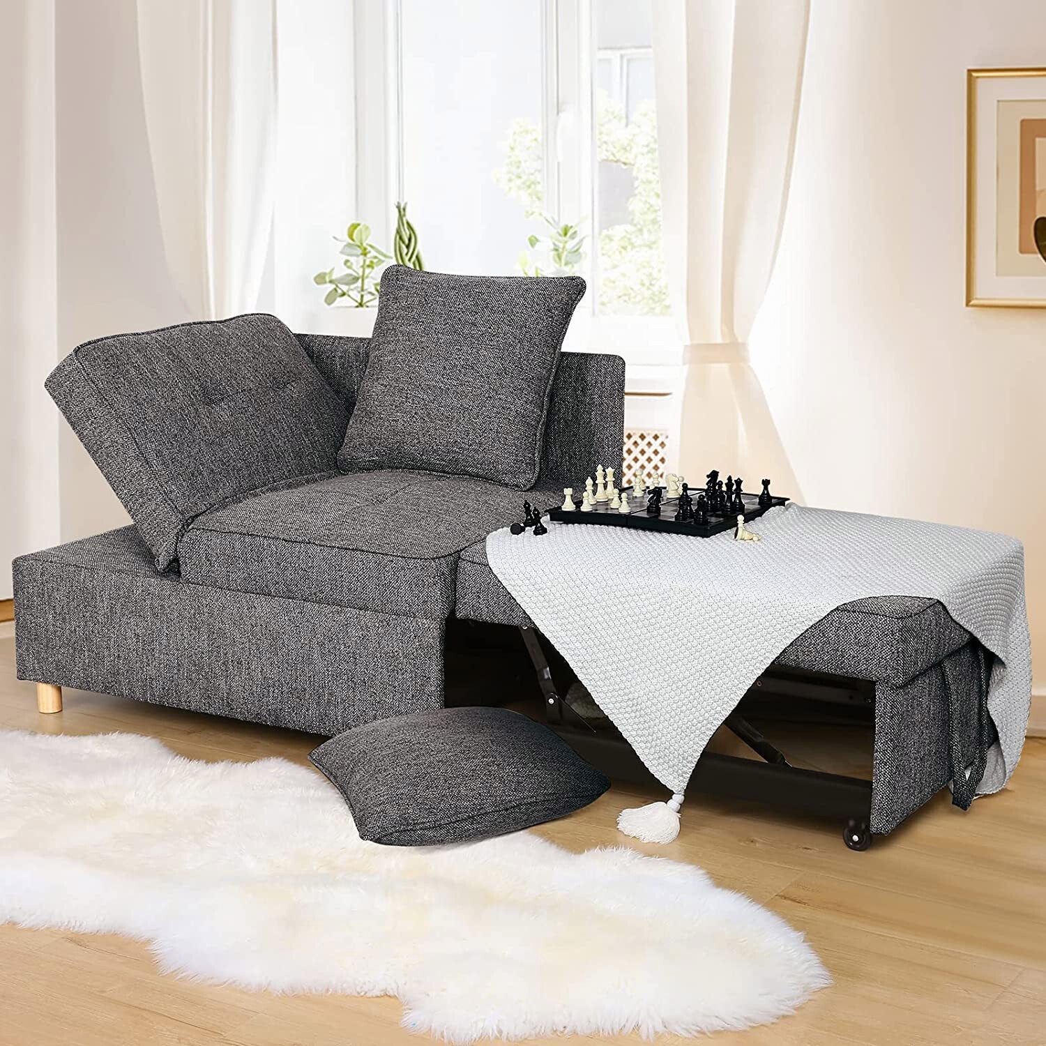 Convertible Sleeper Sofa Bed, 4-in-1 Linen Fabric Sleeper Couch Pull Out Bed A++