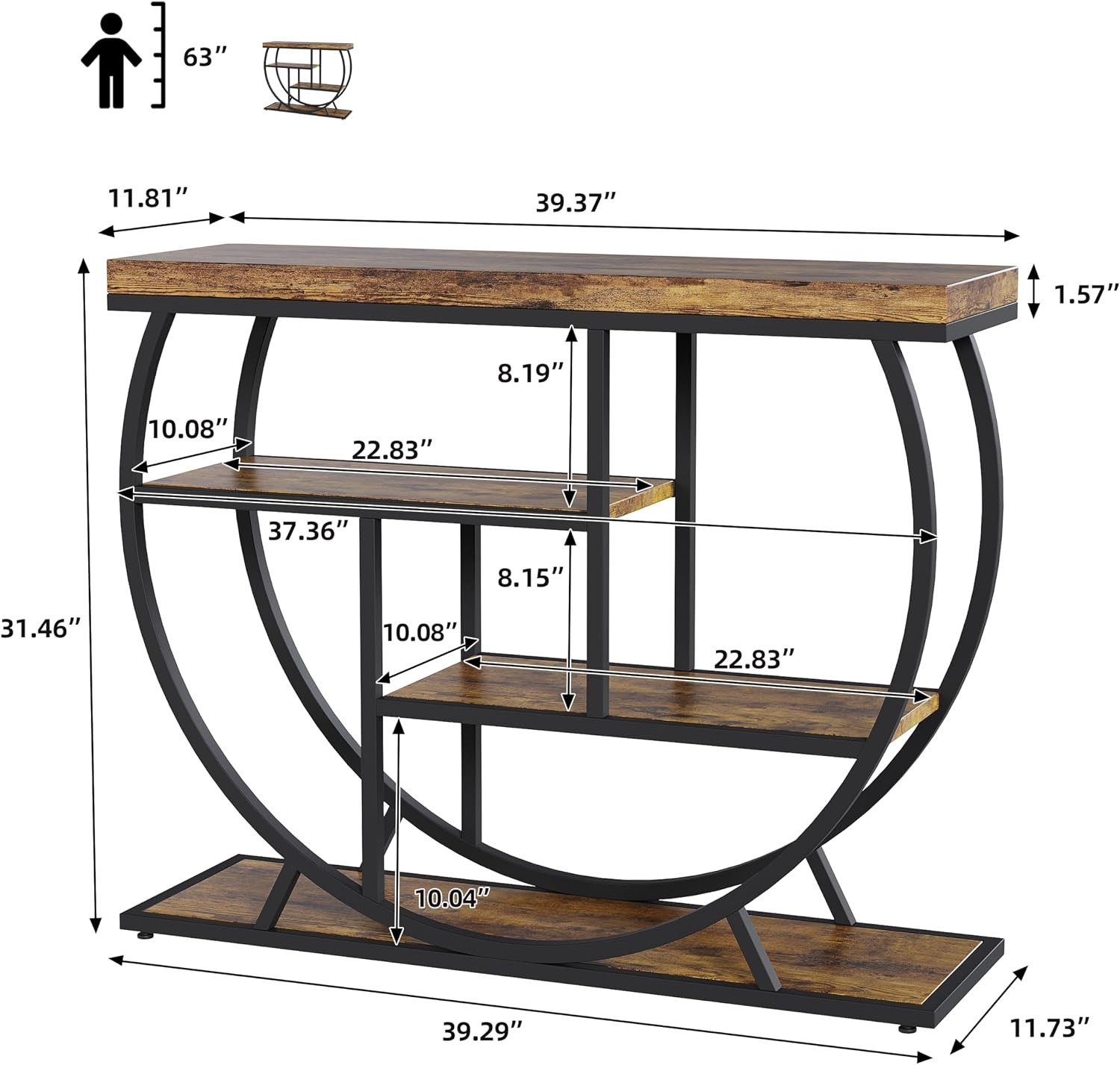 Rustic 3-Tier Entryway Table with Metal Frame and Adjustable Feet, Brown