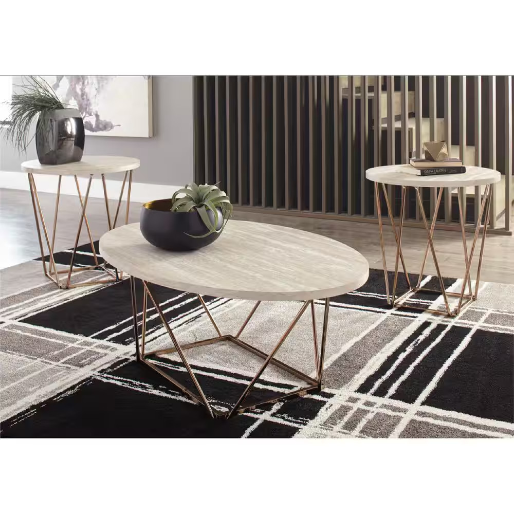 Tarica 47 In. White/Gold Oval Faux Marble Coffee Table with 2-Pieces
