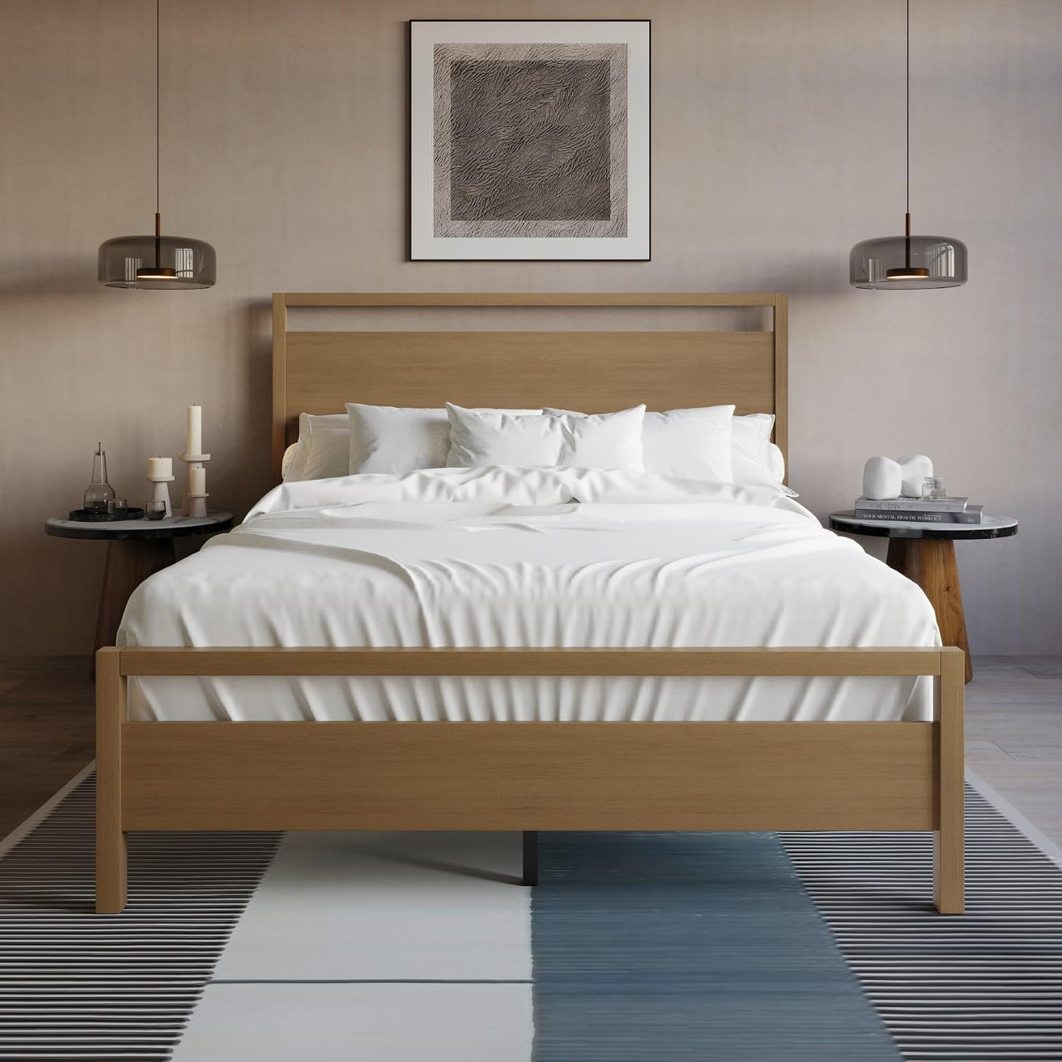 Ontario Queen Size Panel Bed, Transitional Wood Frame with Sleek Panel Headboard