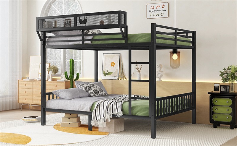 Queen Over Queen Metal Bunk Bed with Full-length Guardrail & Storage Shelf,Black