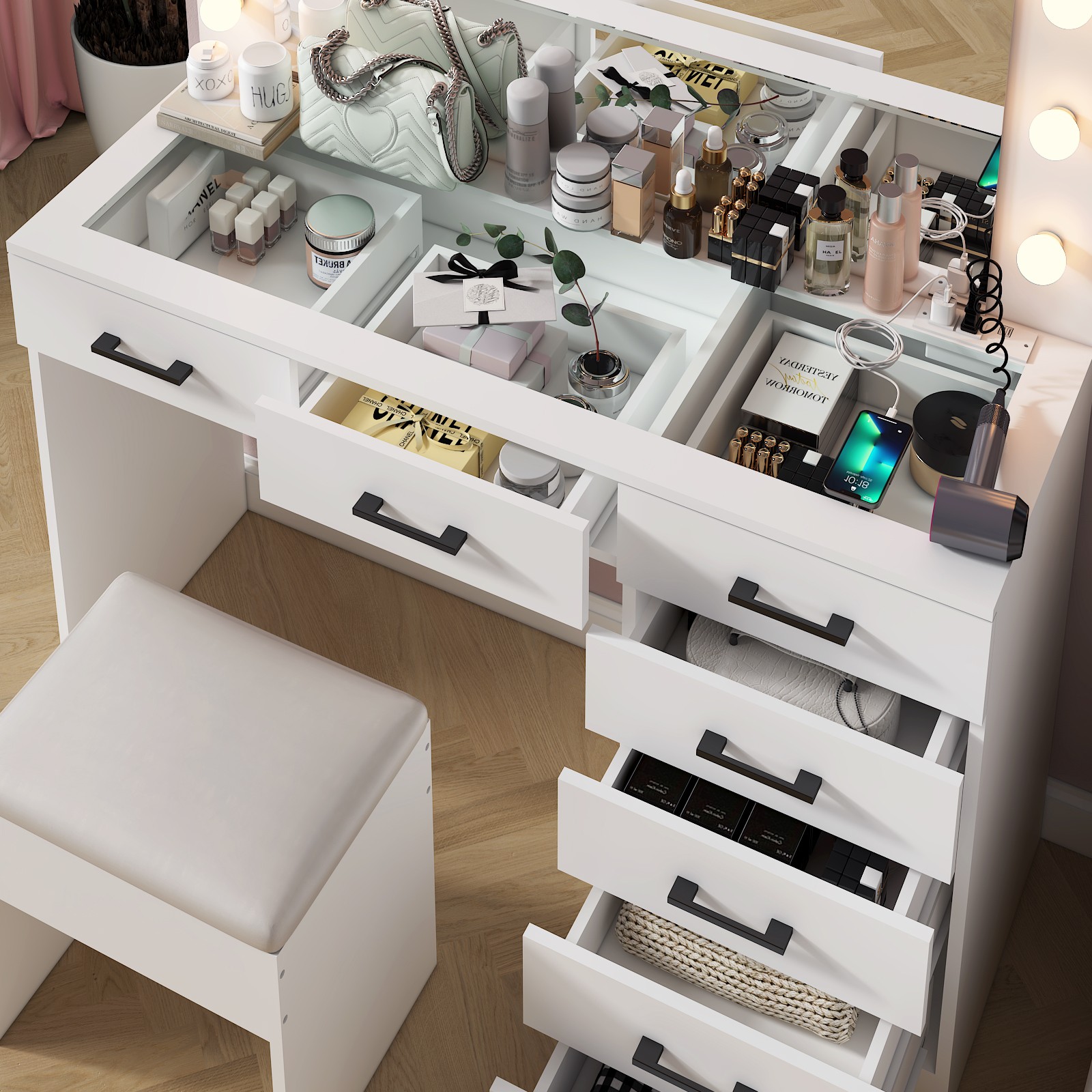 Large Vanity Set Makeup Desk Dressing Dresser Table 7 Drawer with 12 LED Lights
