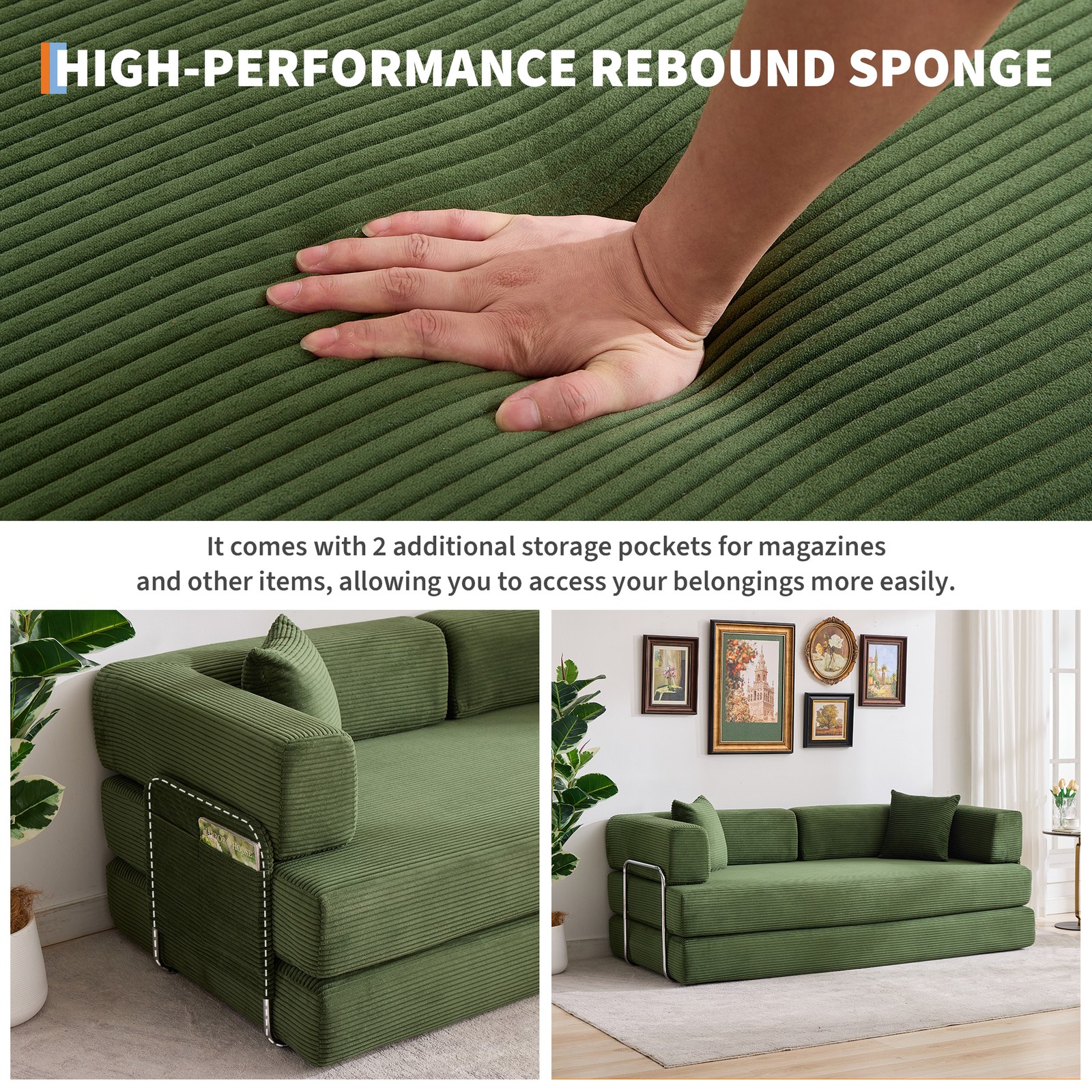 79″ Oversized 5-in-1 Convertible Corduroy Sleeper Folding Sofa Bed W/Pillows US