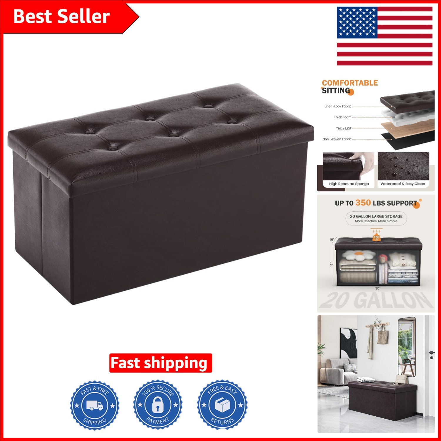 Compact Brown Faux Leather Storage Ottoman – Perfect for Living Room or Bedroom