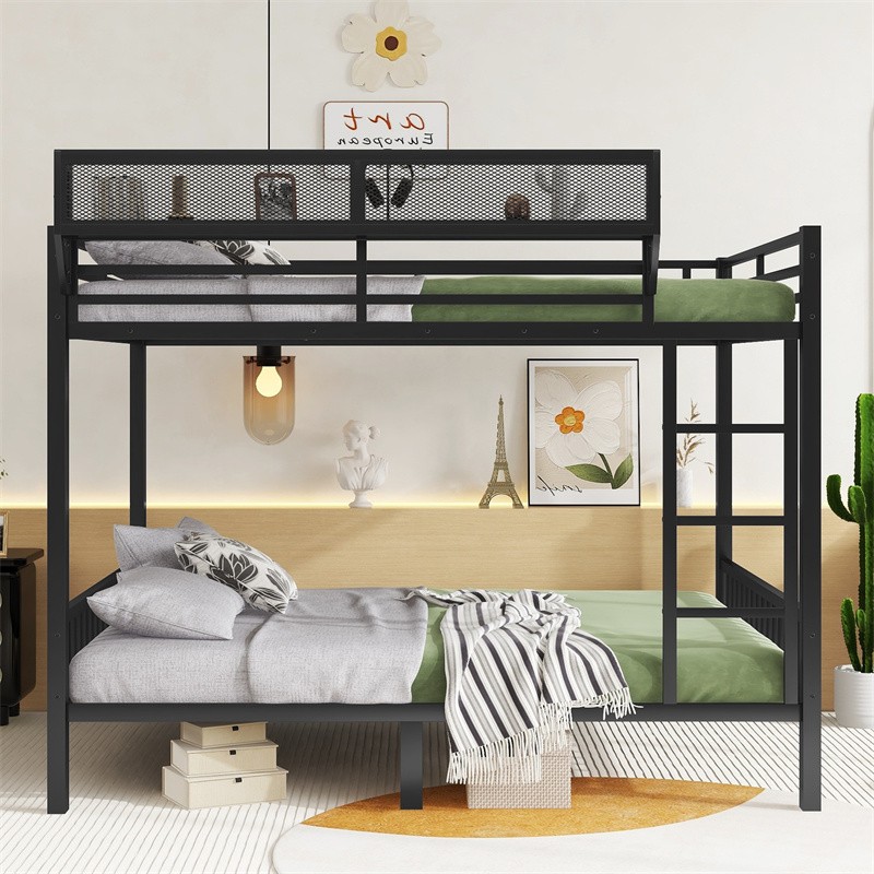 Queen Over Queen Metal Bunk Bed with Full-length Guardrail & Storage Shelf,Black