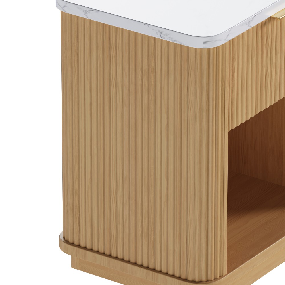 Natural Wood Finish Fluted Nightstand with Storage Drawer and Open Shelf