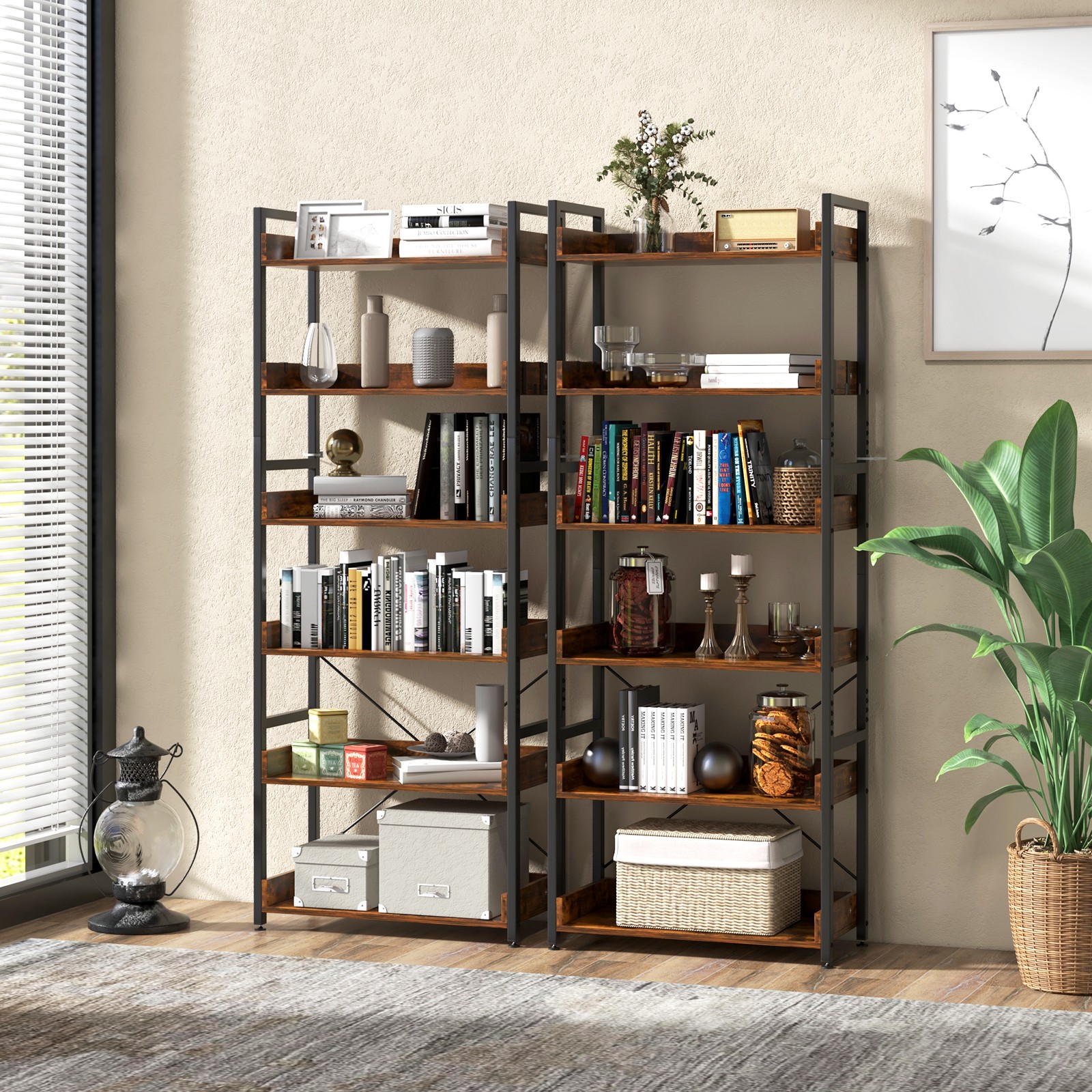 6-Tier Bookshelf Open Display Shelves Storage Rack Metal Frame w/ 4 Hooks Rustic