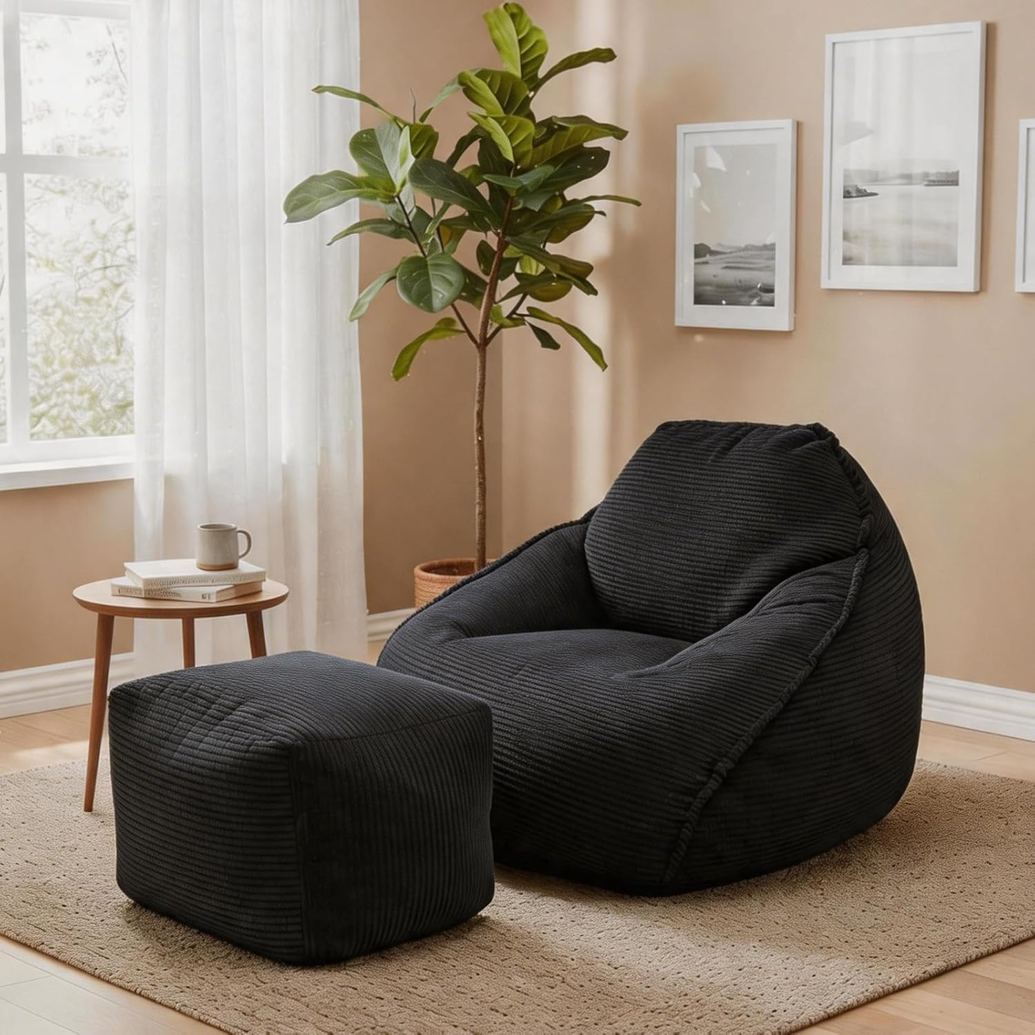 Versatile Black Bean Bag Chair with Ottoman for Gaming, Reading, and Lounging