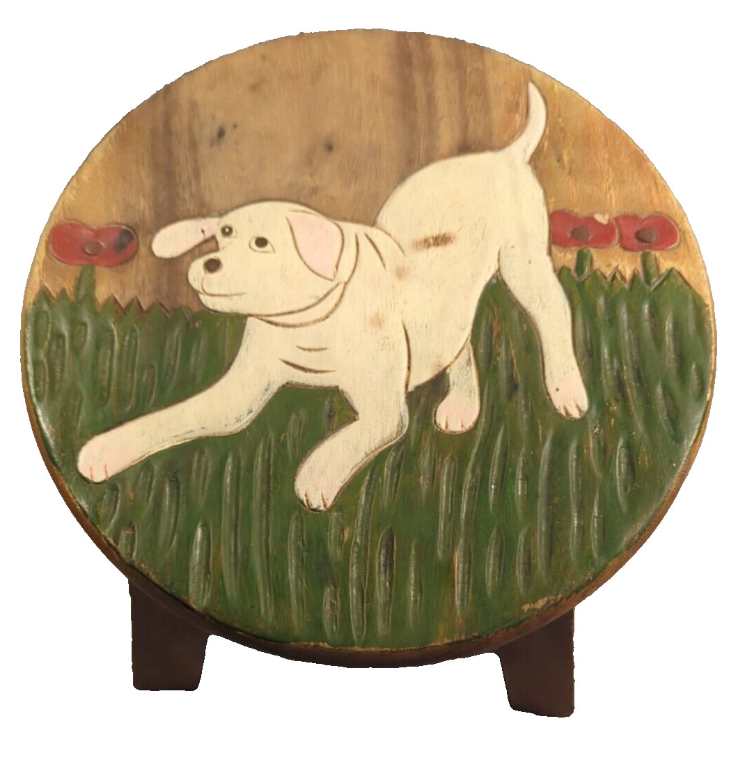 Playful Puppy Wooden Stool Hand Crafted Painted Thailand 2011 Preowned