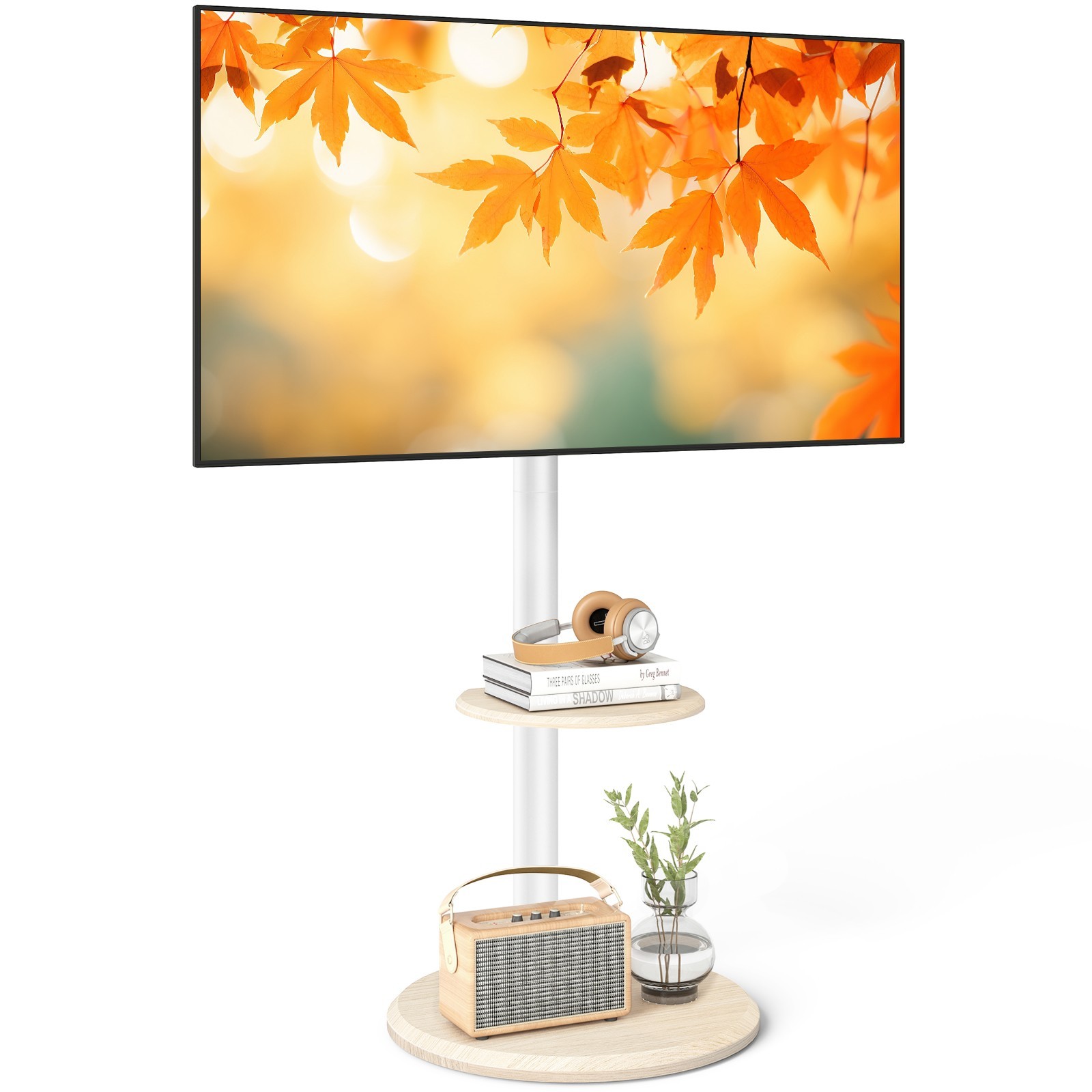 Mobile Floor TV Stand with Round Wooden Base for 32-65 inch TVs, Adjustable Tilt