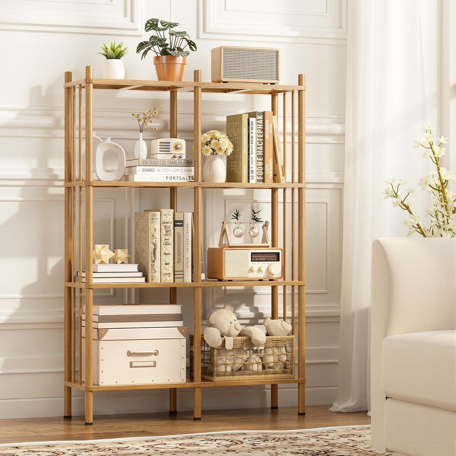 4 Tier Book Shelf, Wide Bamboo Bookshelf, Tall Bookcase with 8 Open Display Shel