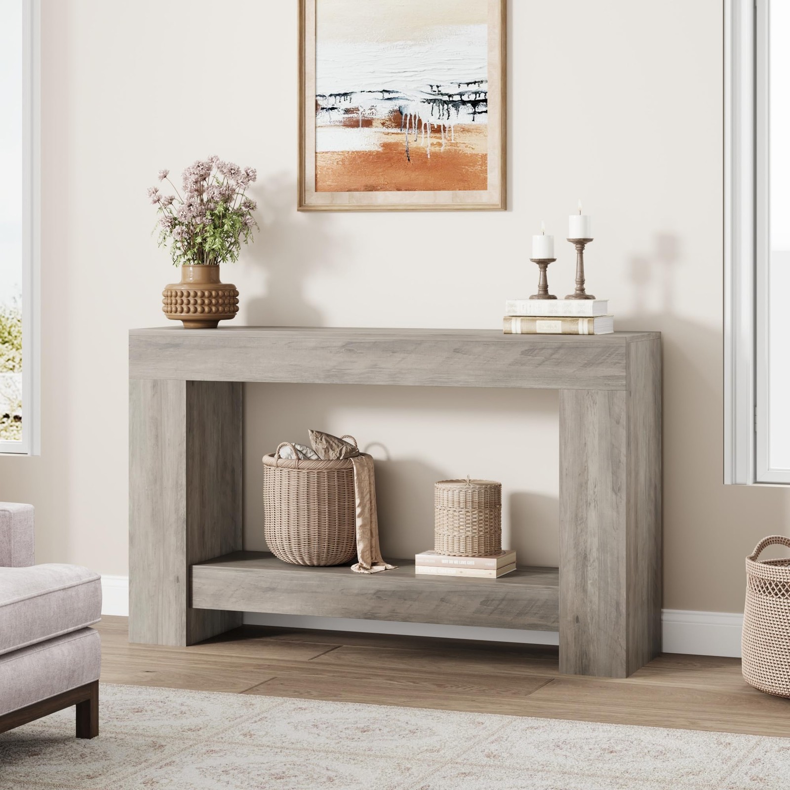 Storage Console Table 47in 63in Entryway Table Wooden Sofa Table Behind Couch