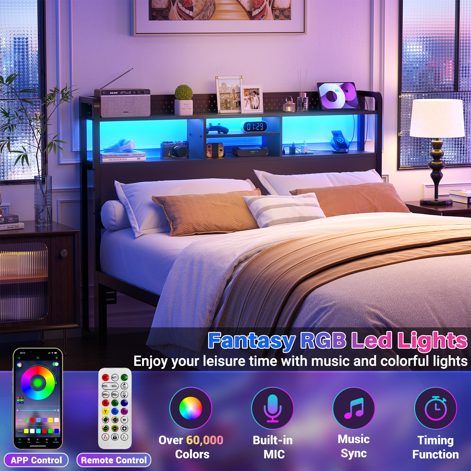 Headboard for King/Queen/Full Size Bed with Storage Shelf & Outlets & RGB Light