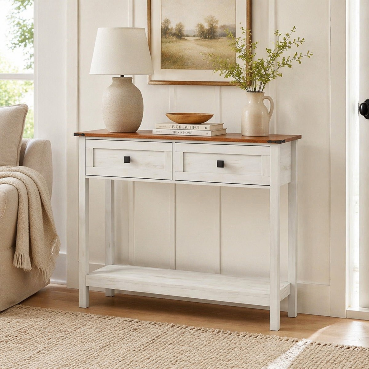 Farmhouse Console Table Entryway Rustic Sofa Table with 2 Drawers Shelf White