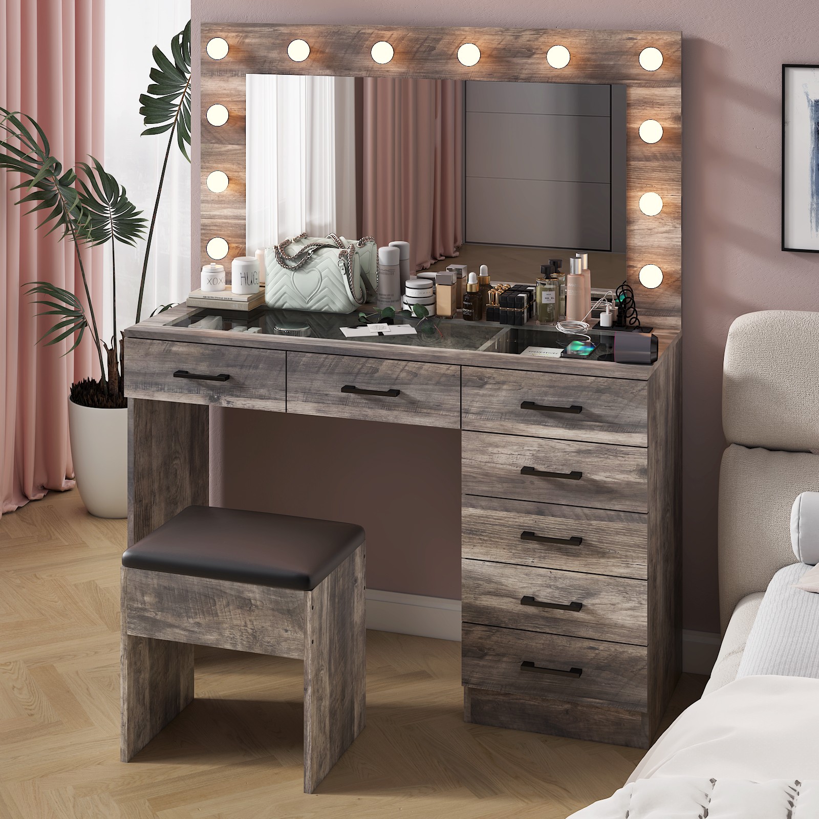 Large Vanity Set Makeup Desk Dressing Dresser Table 7 Drawer with 12 LED Lights