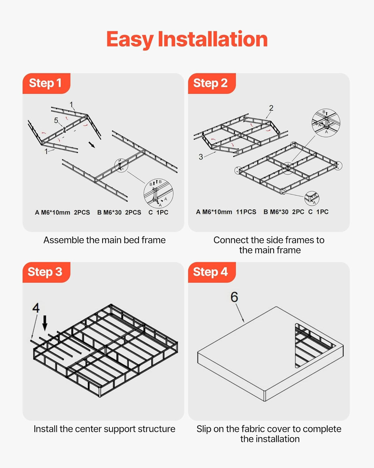 King Size Box Spring Bed Frame, Heavy Duty Metal, Washable Fabric, Easy Assembly