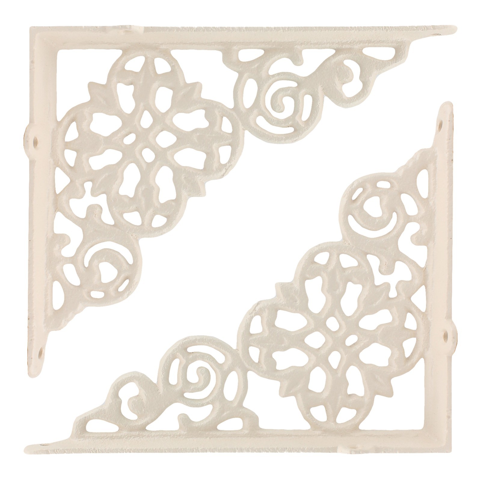 2 Cream Cast Iron Lattice Shelf Brackets Antique Style Scrolls 7 3/4 x 6 1/4 in