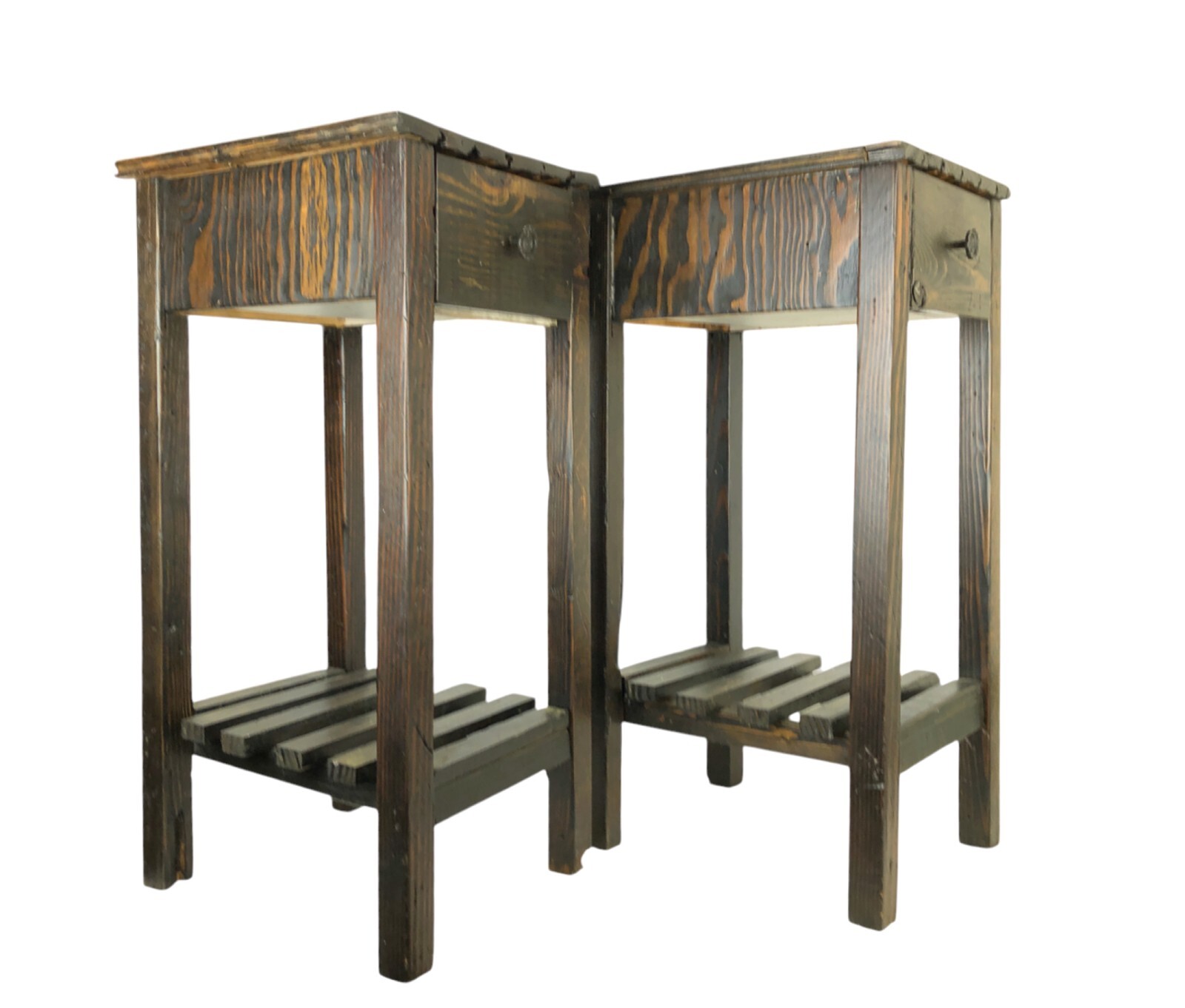 Pair Two Matching Rustic Barn / Salvaged Wood End Tables Home Made 31″ Tall