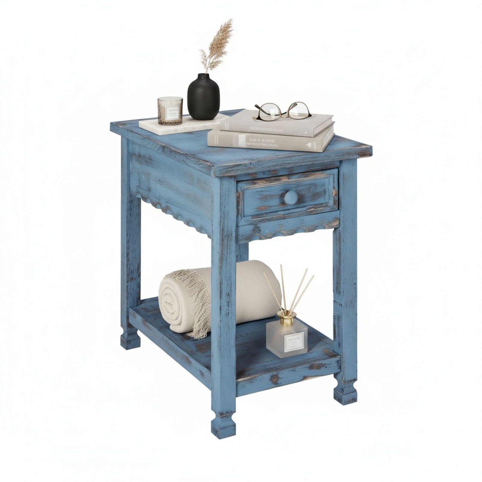 Country Cottage Chairside End Table – Narrow Rustic Farmhouse Side Table with…