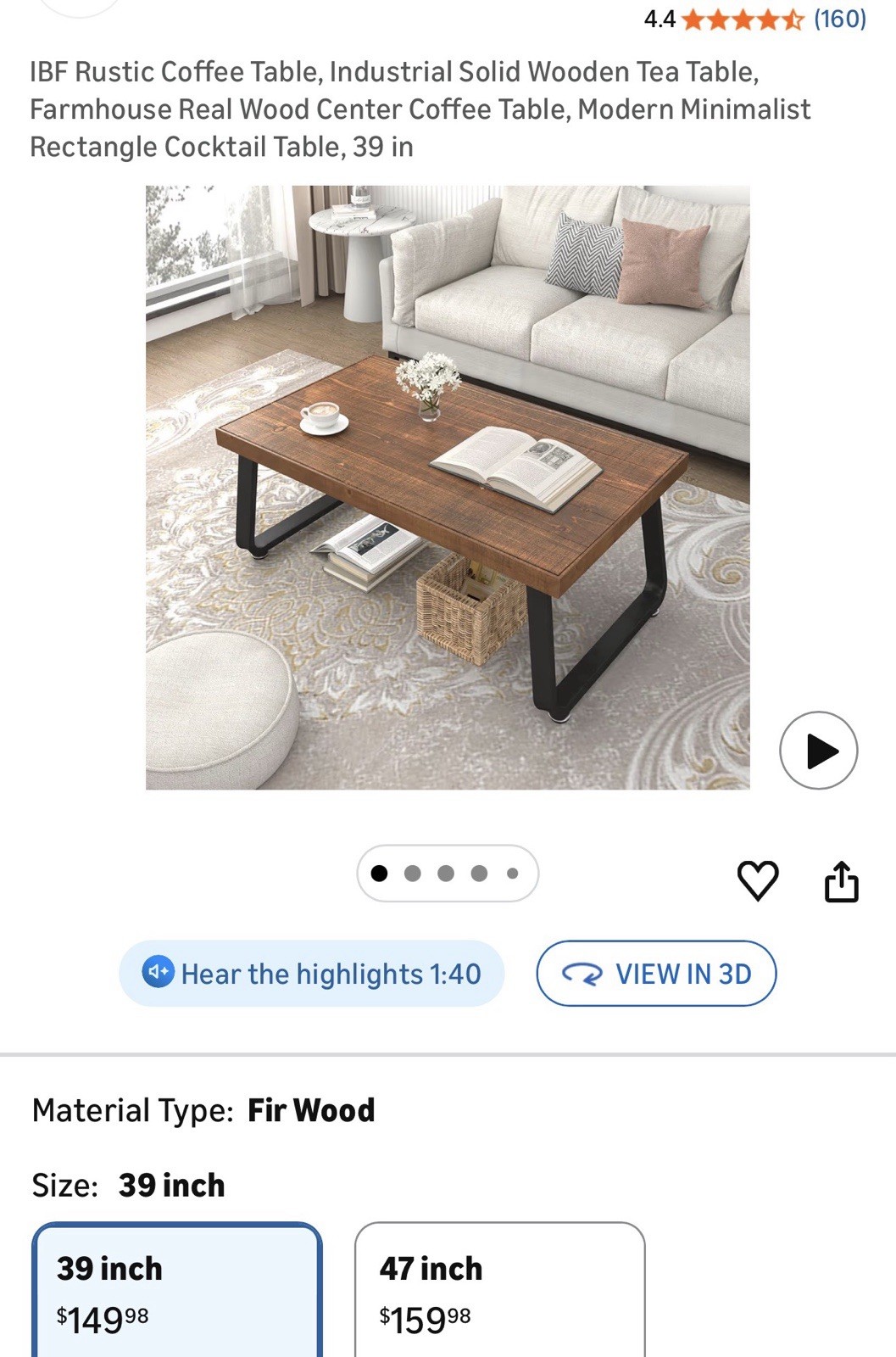 IBF Rustic Industrial Solid Wood Fir Coffee Table 39 in Modern Minimalist