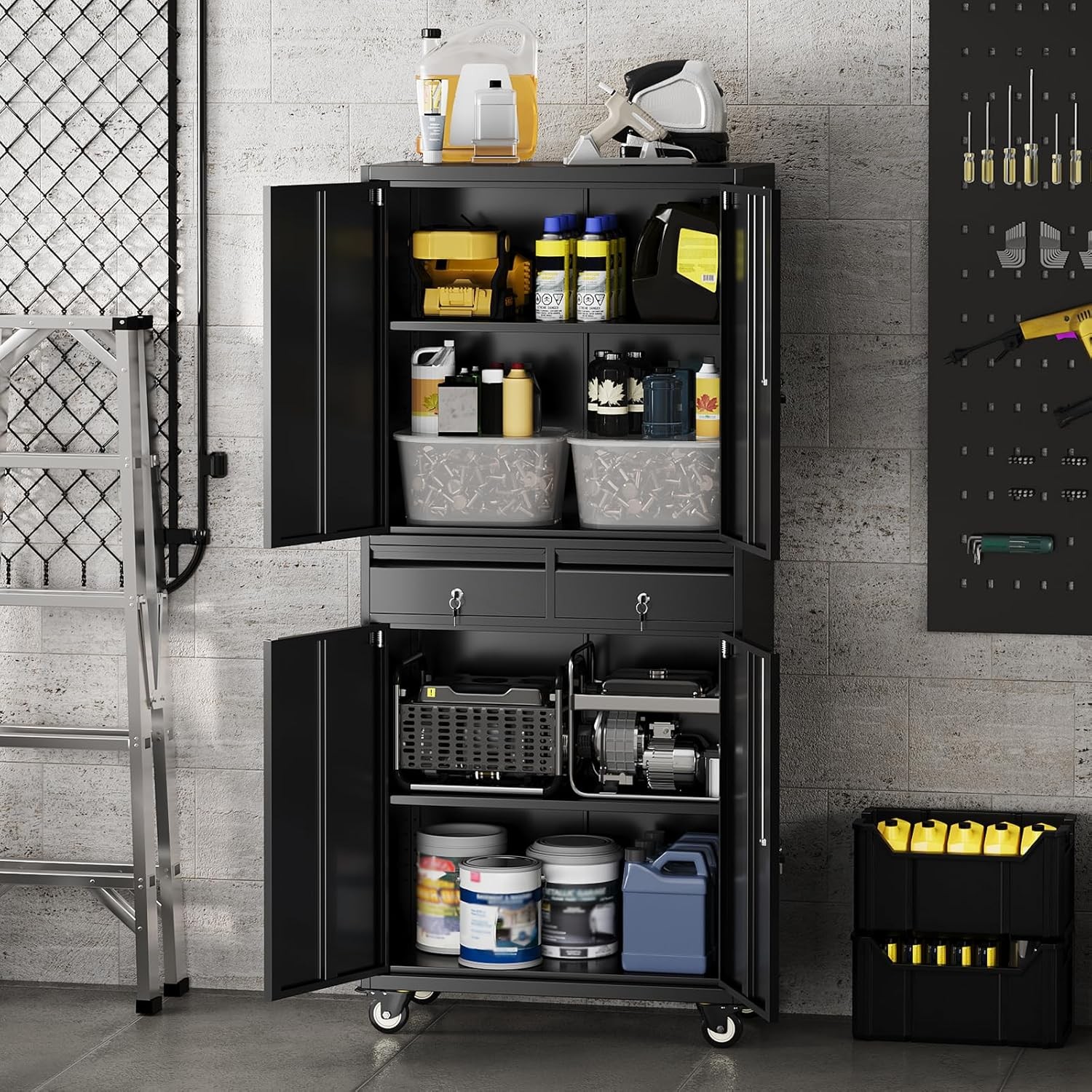 Metal Storage Cabinet Heavy Duty Garage Storage + Wheels Locking Doors & Drawers