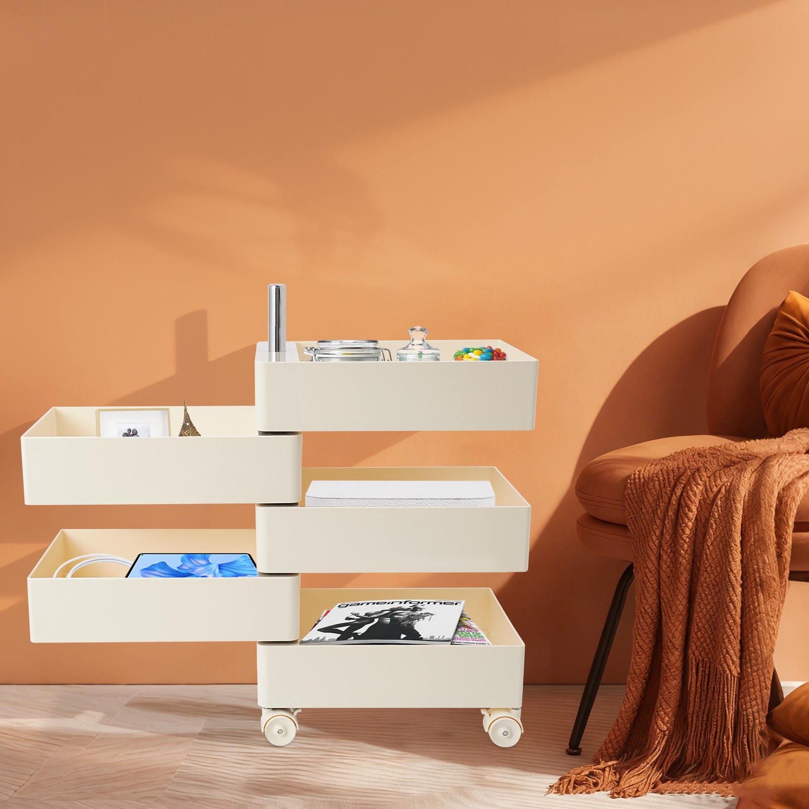 360° Rotating Sofa Side Cabinet Storage Cabinet Bedside Table Storage Rack White