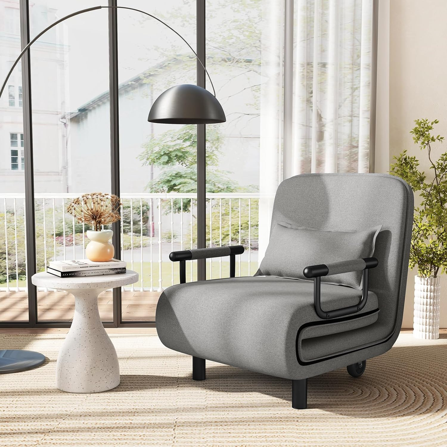 Light Gray Convertible Sofa Bed with Adjustable Backrest & Wheels, 3-in-1 Design