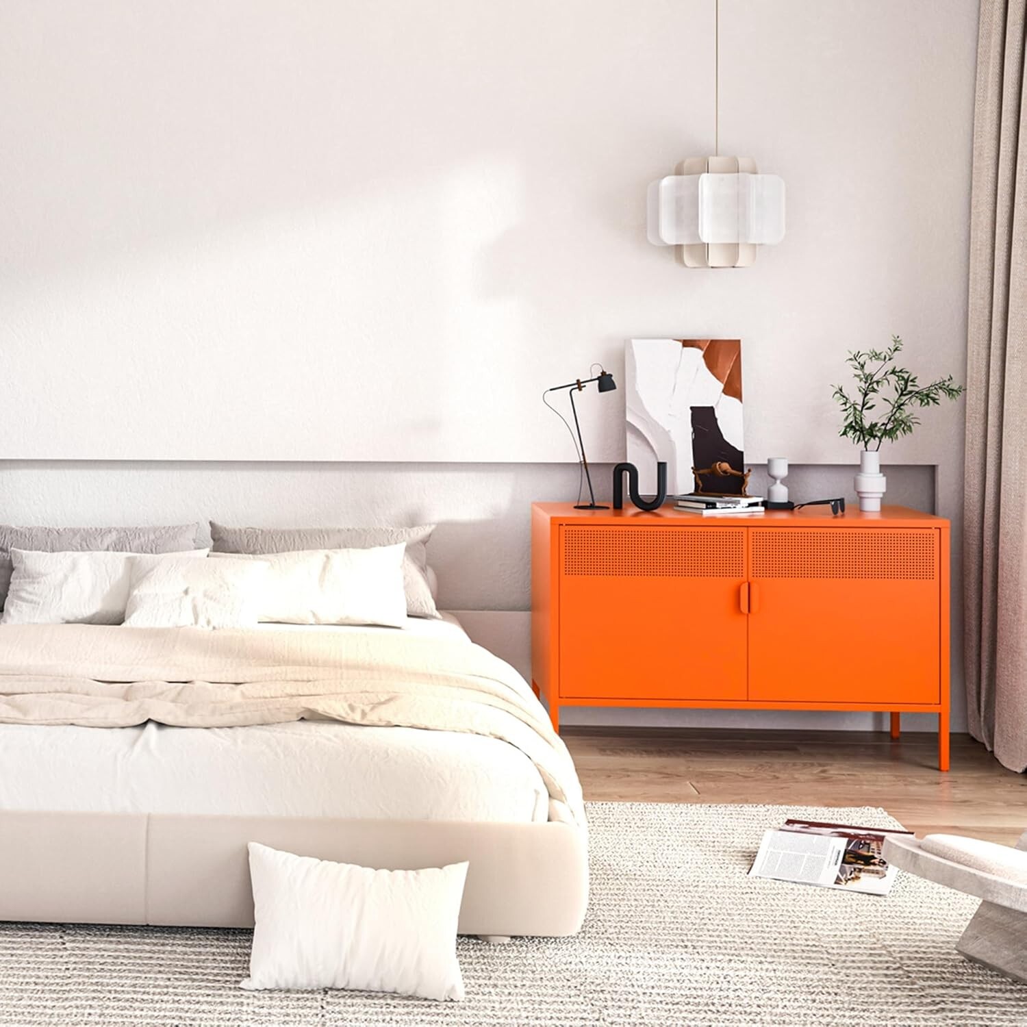 Cofar Orange 2 Tier Metal Storage Cabinet with Legs, 2 Door Metal Style Storage