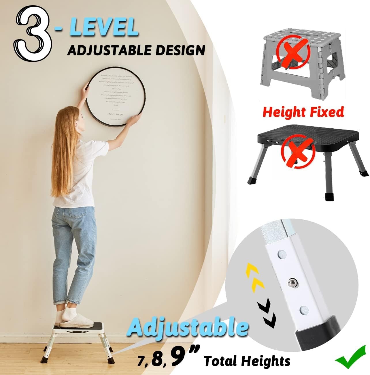 3 Levels Adjustable Folding One Step Stool Safer Metal Step Stools