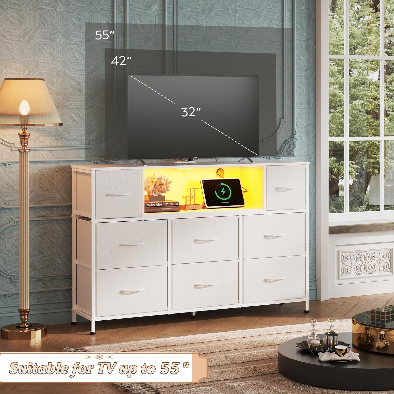 WLIVE White Dresser TV Stand for 45, 50, 11.73″D X 47.17″W X 26.38″H,