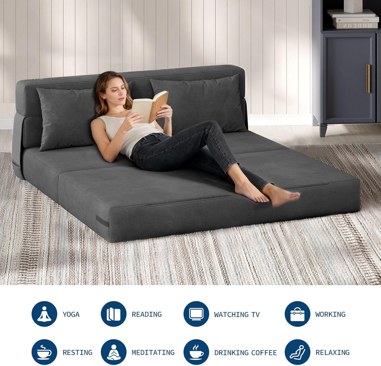 Queen Folding Sofa Bed, Convertible Sleeper Chair Bed Couches w/ Dual-Pillow