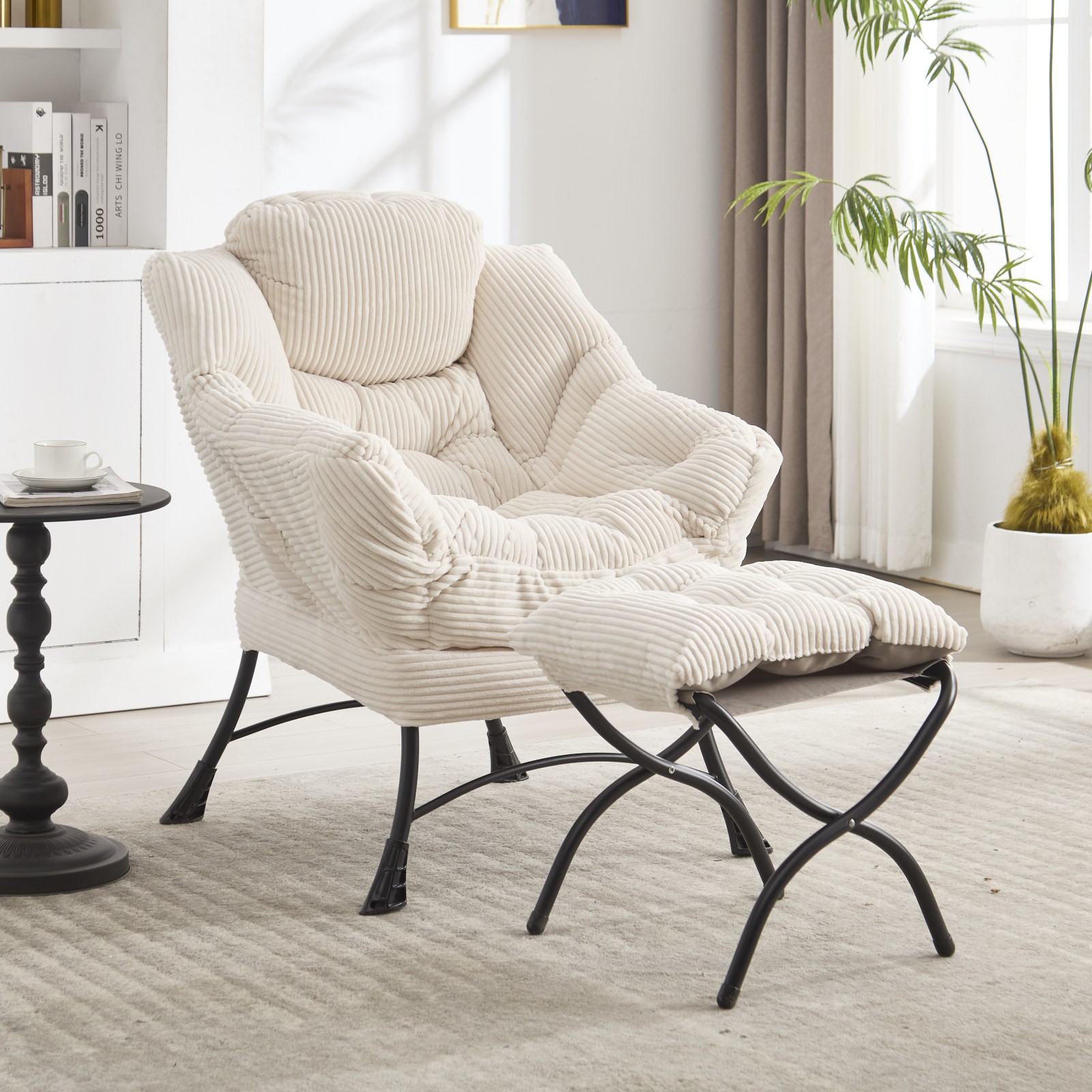 Modern Lounge Accent Chair with Ottoman & Side Pocket, White