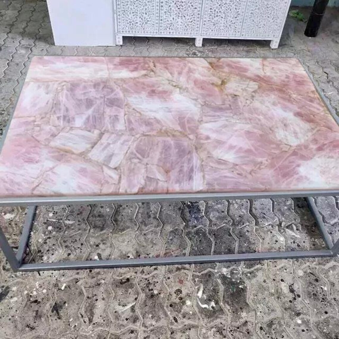 Buy Rose Quartz Coffee Table/ Stone Coffee Table/ Handmade Quartz Gemstone Table