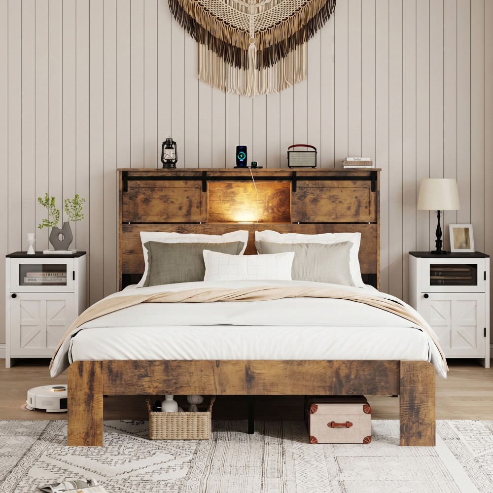 King size bed, metal bed frame with charging station, no need for box spring