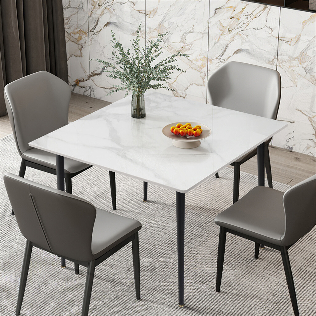 Square Home Marble Dining Table Compact w Sintered Stone Top Metal Legs Frame
