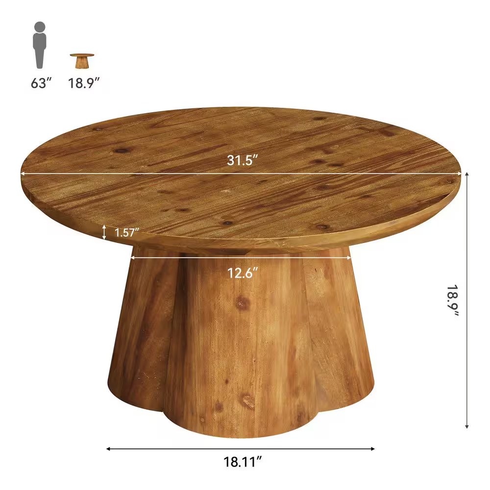 Allan 31.5 In. Brown round Solid Wood Coffee Table with Robust Base, Farmhouse C