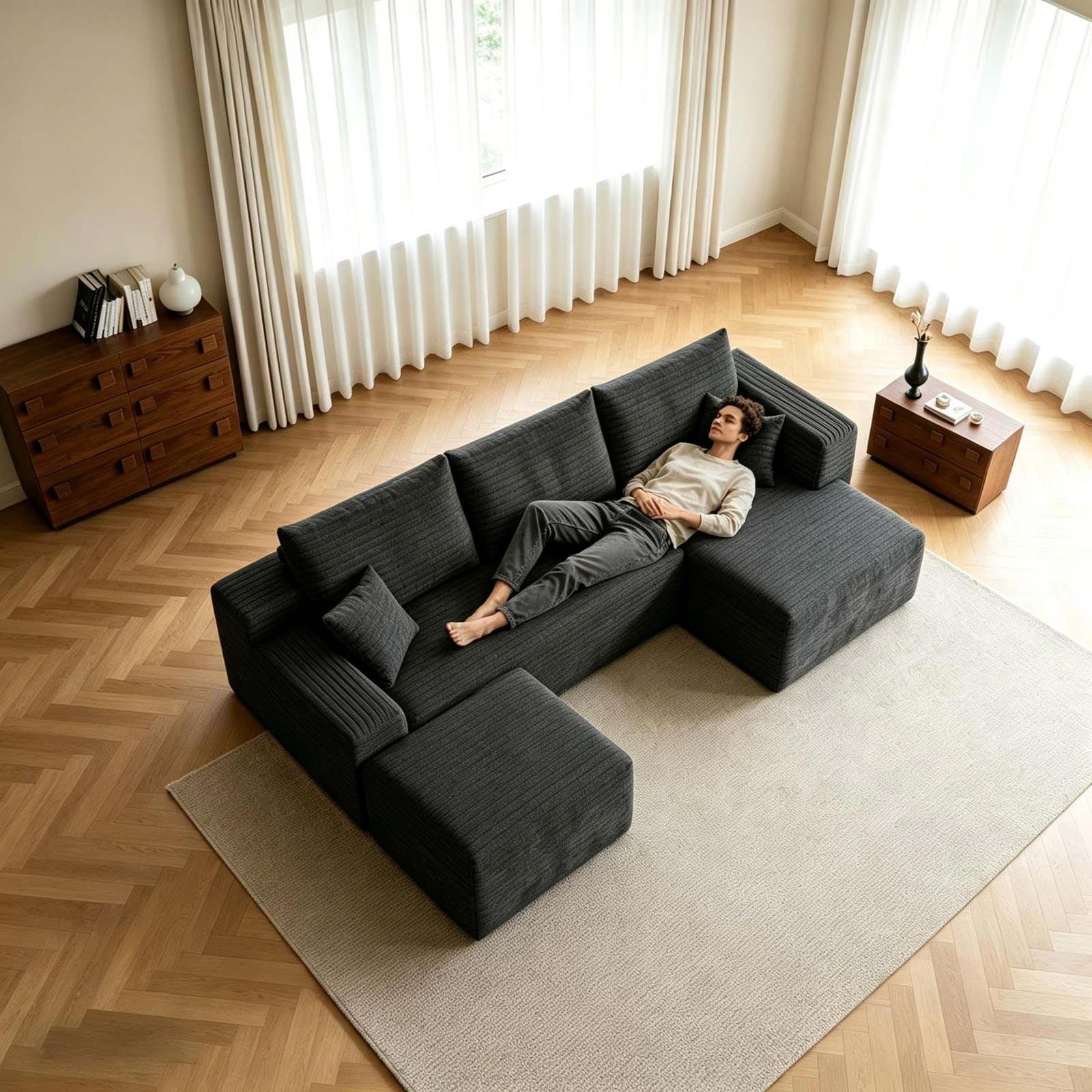 95″ U Shaped Boneless Sectional Couch Memory Foam Sofa Right Chaise with Ottoman
