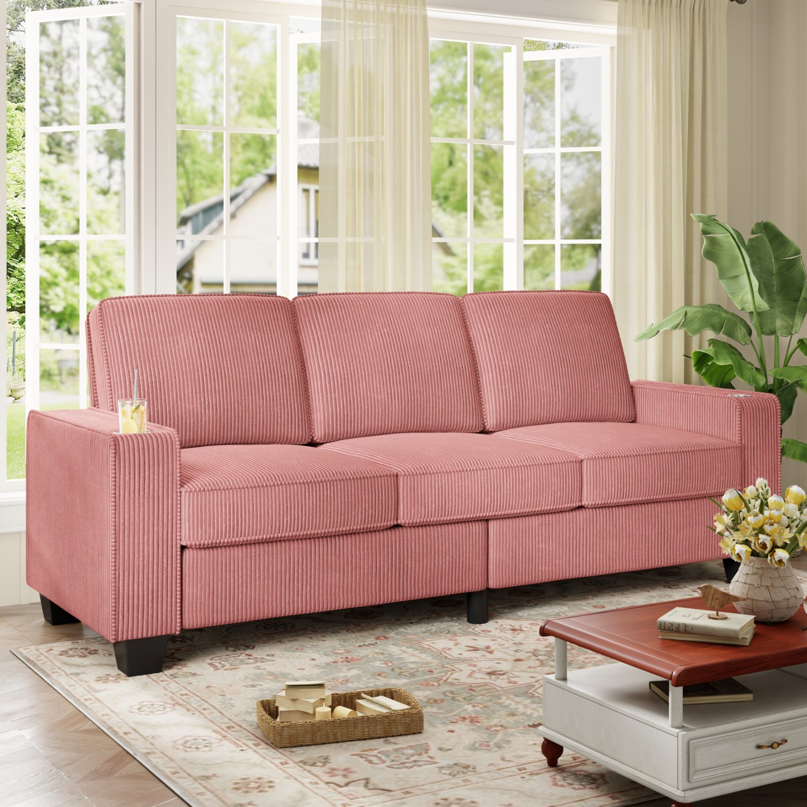84″ Modern Plush Corduroy 3-Seater Sofa with Cup Holders & Spring Support