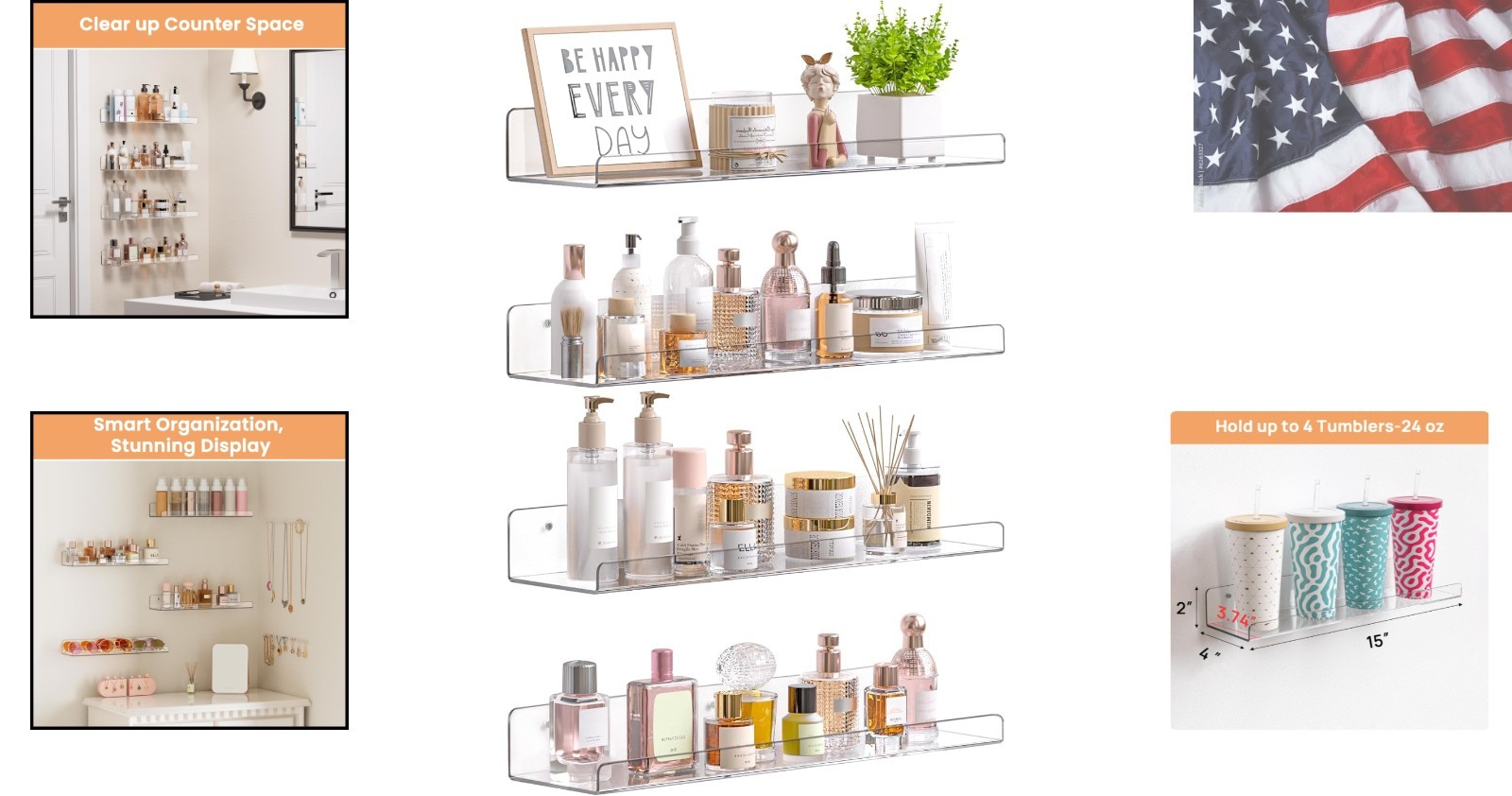Acrylic Shelves for Bathroom Storage, 15″ Floating Shelves Wall Organizer for…