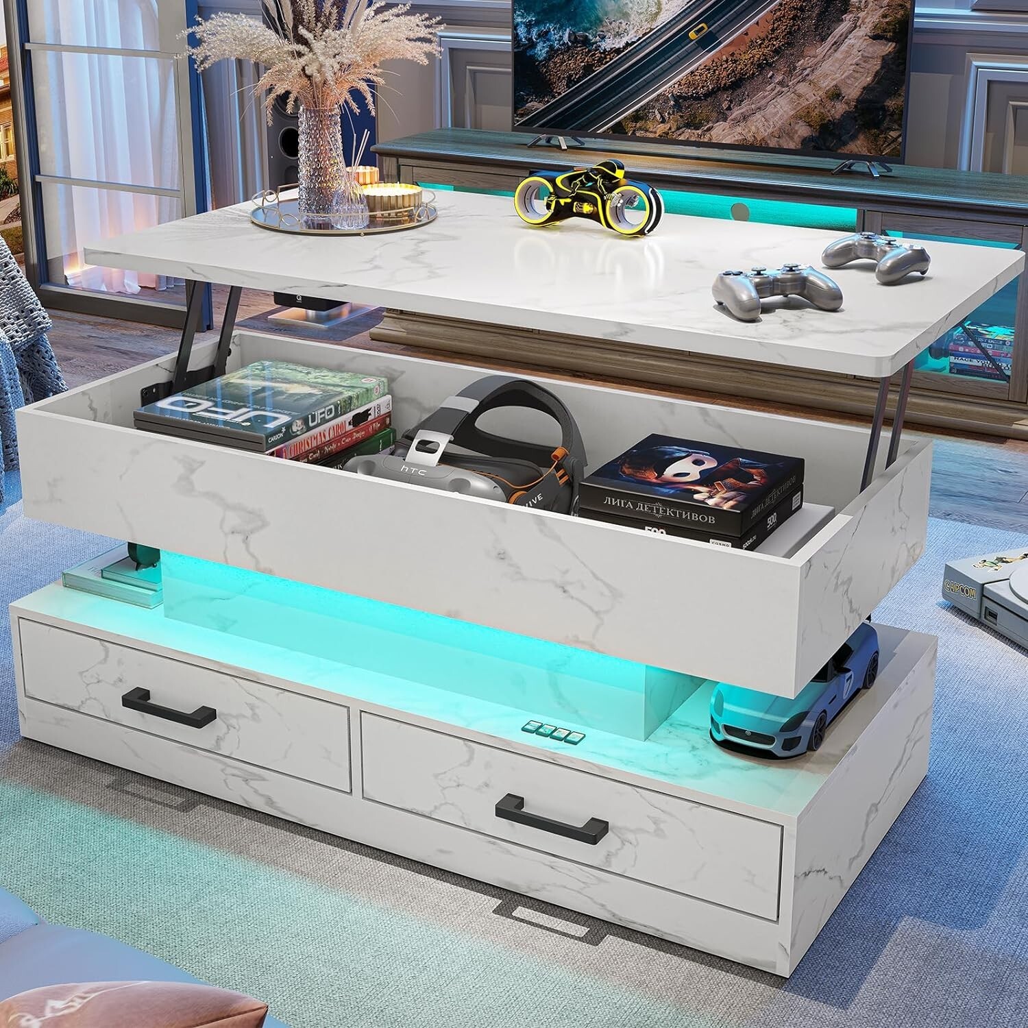 40″ Lift Top Coffee Table with Storage, 2 Fabric Drawers and LED Light