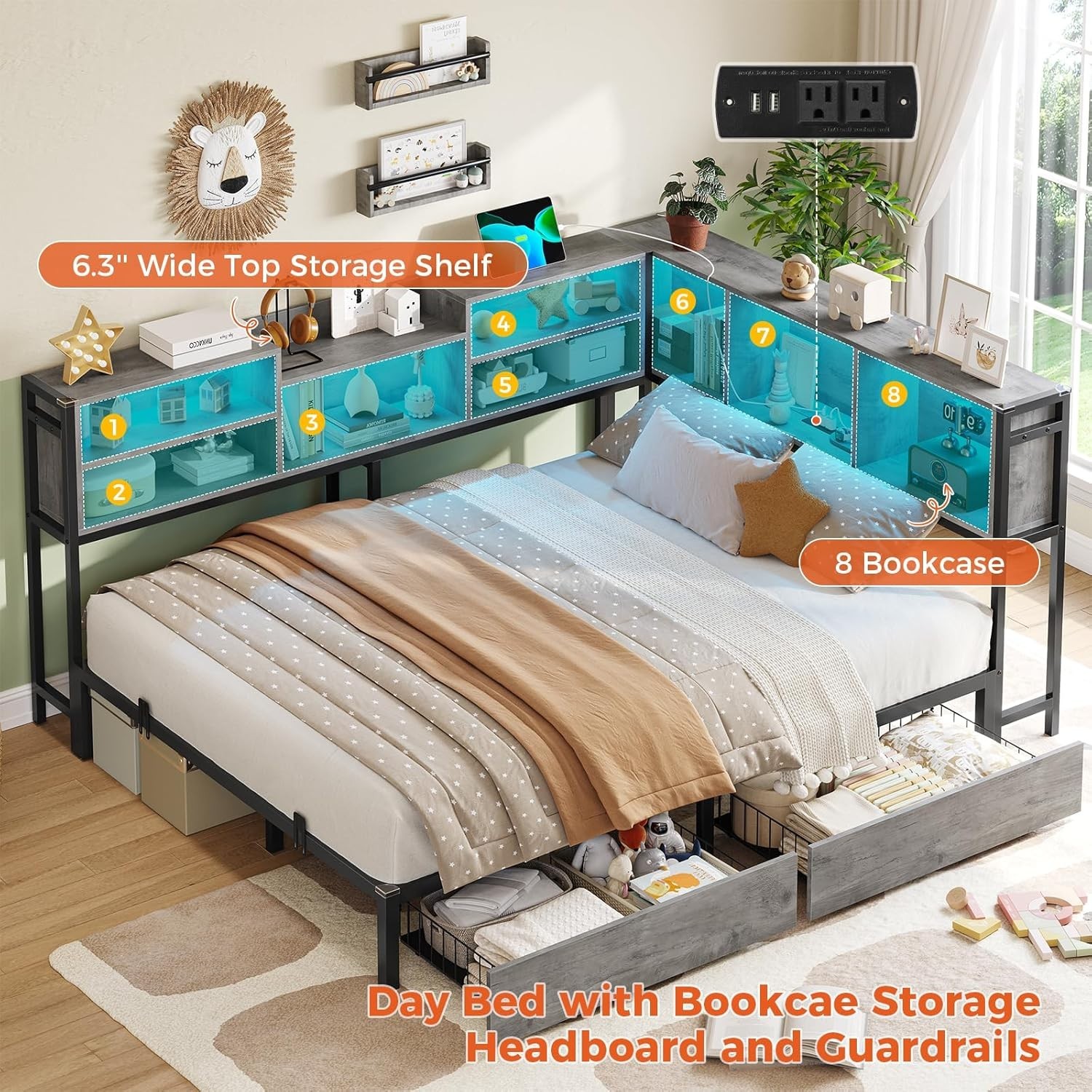 Full Daybed Corner Bed Frame with Charging Station,Led Lights,Bookcase Storage