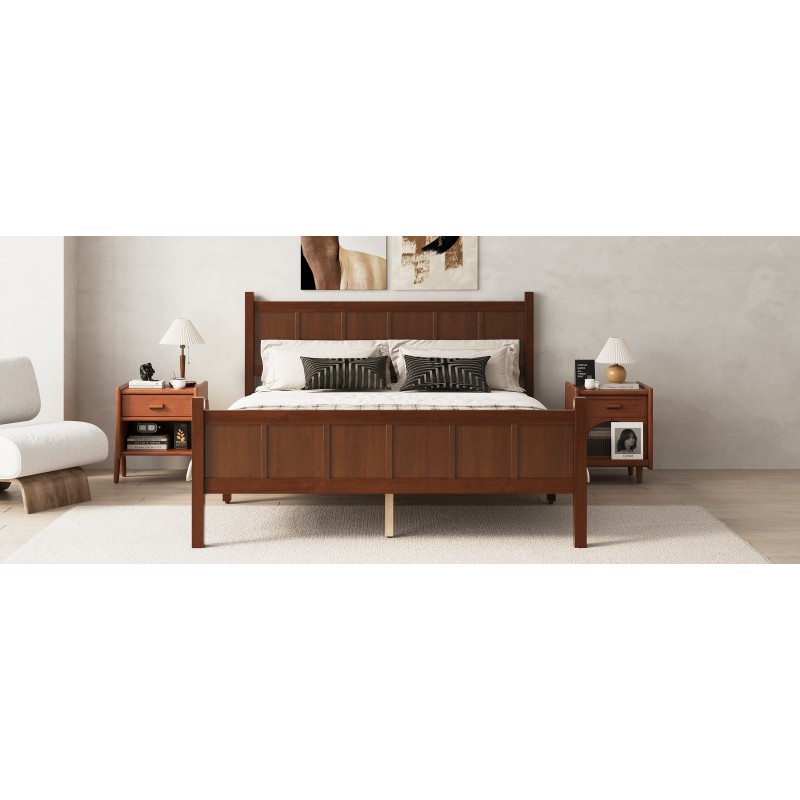 Queen Size Flat Panel Bed w/Headboard Farmhouse Platform Bed Frame Dark Walnut