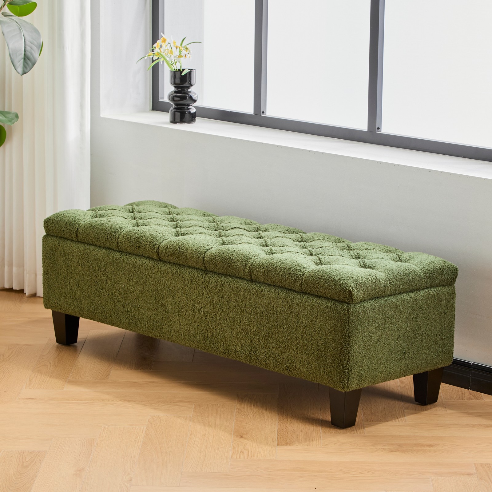 Modern Upholstered Ottoman Bench w/Storage & Rubber Wood Legs, 300 lbs Capacity